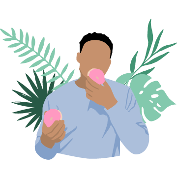 Erw_Essen Illustration eines Mannes, der einem Hund mit Schweineohren und Schweineschnauze ein High Five gibt