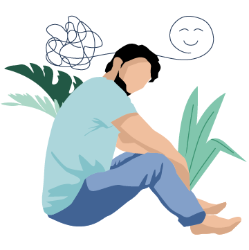 Erw_Stress Grafik einer Frau, die mit einer Gießkanne schöne Blumen gießt, die über ihrem Kopf wachsen. Im Hintergrund Pflanzen