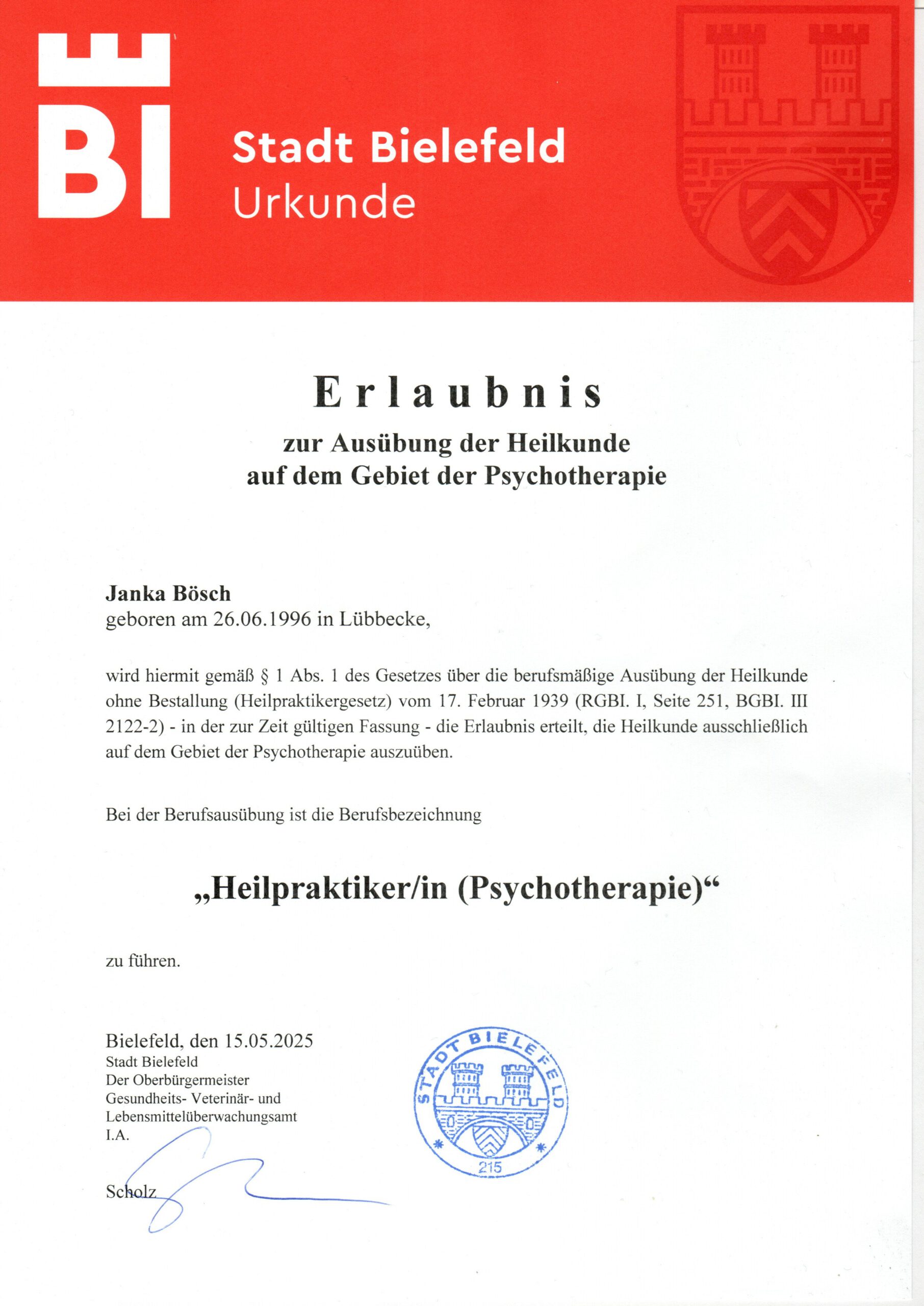 HPP-Urkunde Unterschiebene Urkunde zur Erlaubnis der Ausübung der Heilkunde auf dem Gebiet der Psychotherapie