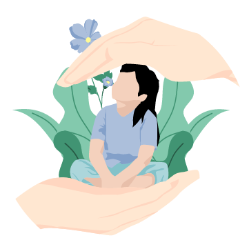 Kinder_Selbstbewusstsein Grafik einer Frau, die mit einer Gießkanne schöne Blumen gießt, die über ihrem Kopf wachsen. Im Hintergrund Pflanzen